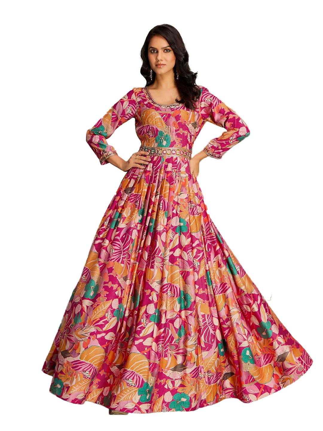 madhuram textiles Women's vetican Print with Hand Embroidery Work Anarkali Long Gown(M-2544 Pink_Small)