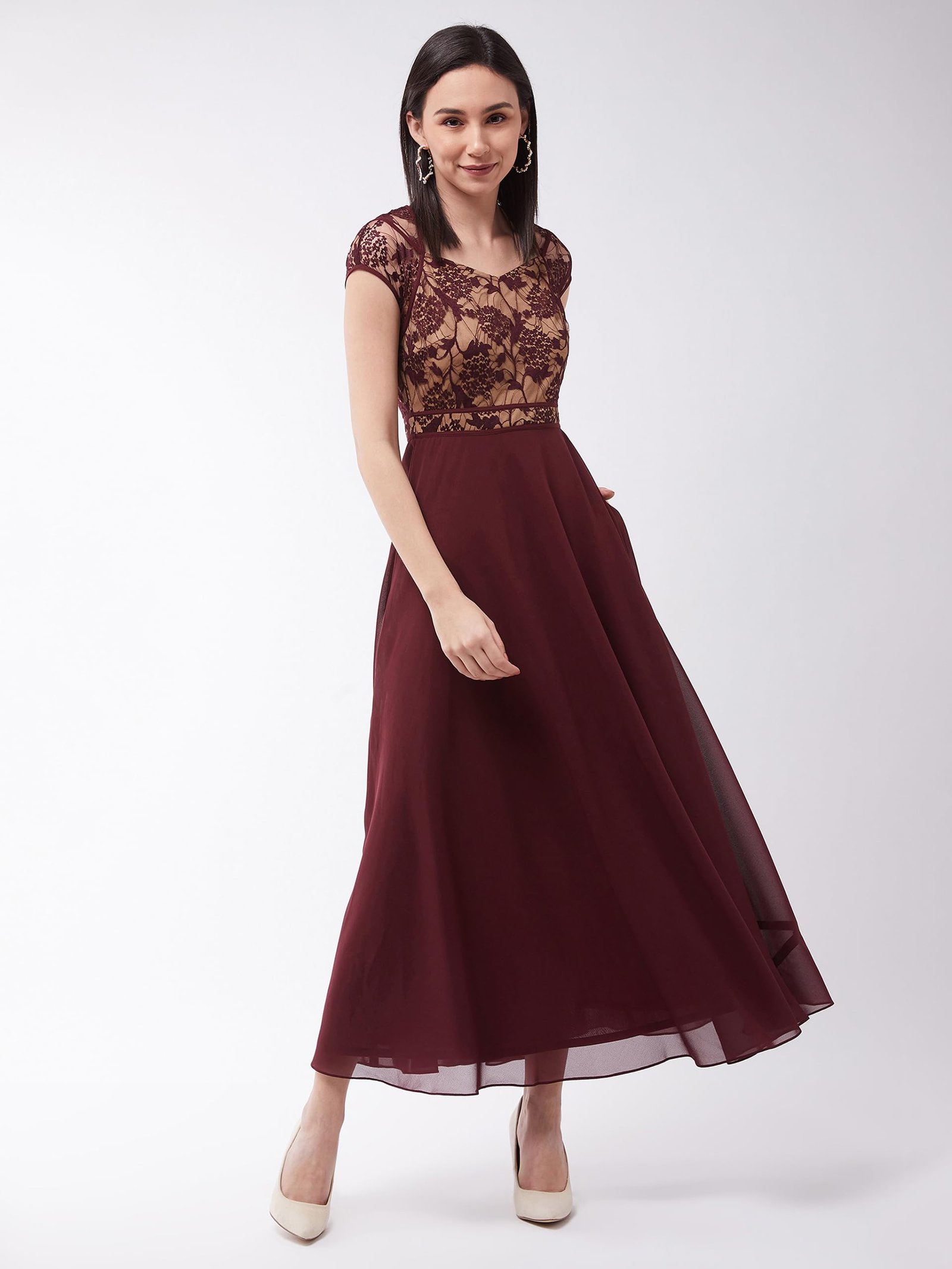 Miss Chase Women's Floral V - Neck Cap Short Sleeves Lace Overlaid Fit & Flare Paneled Maxi Dress (MCSS21D06-11-603-04,Wine & Beige,M) - Image 7