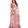 ALMAARI FASHION Traditional Cotton Silk Saree for Women with Floral Print, Pink Border, Tassels and Blouse Piece, Designer Saree, 5.5 Metres Off-White