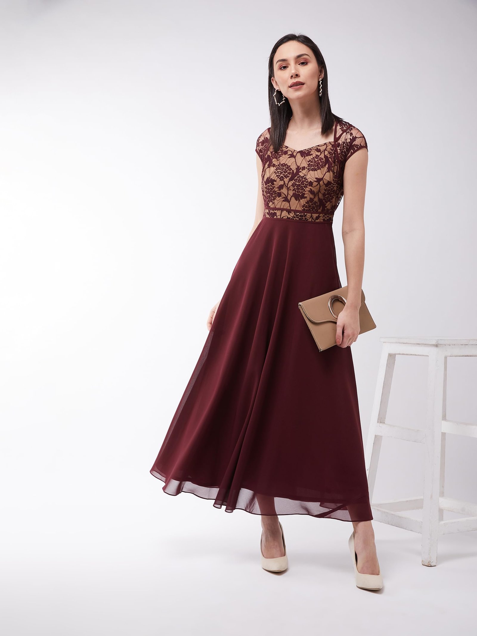 Miss Chase Women's Floral V - Neck Cap Short Sleeves Lace Overlaid Fit & Flare Paneled Maxi Dress (MCSS21D06-11-603-04,Wine & Beige,M) - Image 3