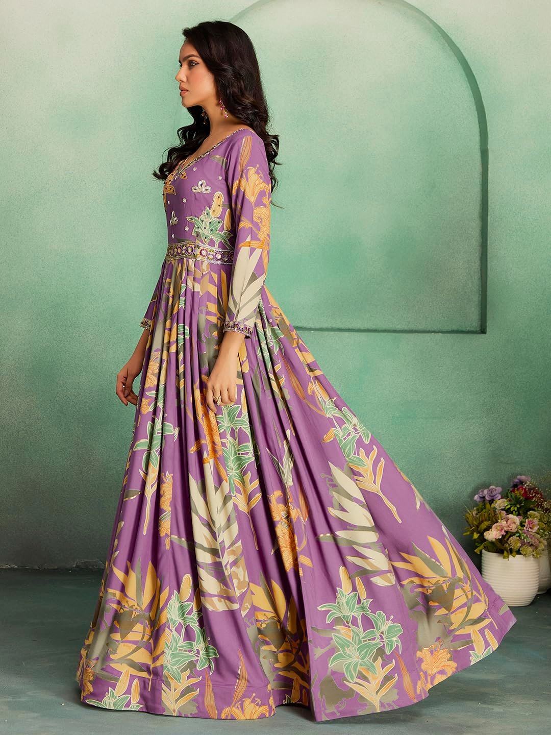 madhuram textiles Women's Rayon Print with Hand Embroidery Work Anarkali Long Gown(M-2543 Pink_Medium) - Image 7