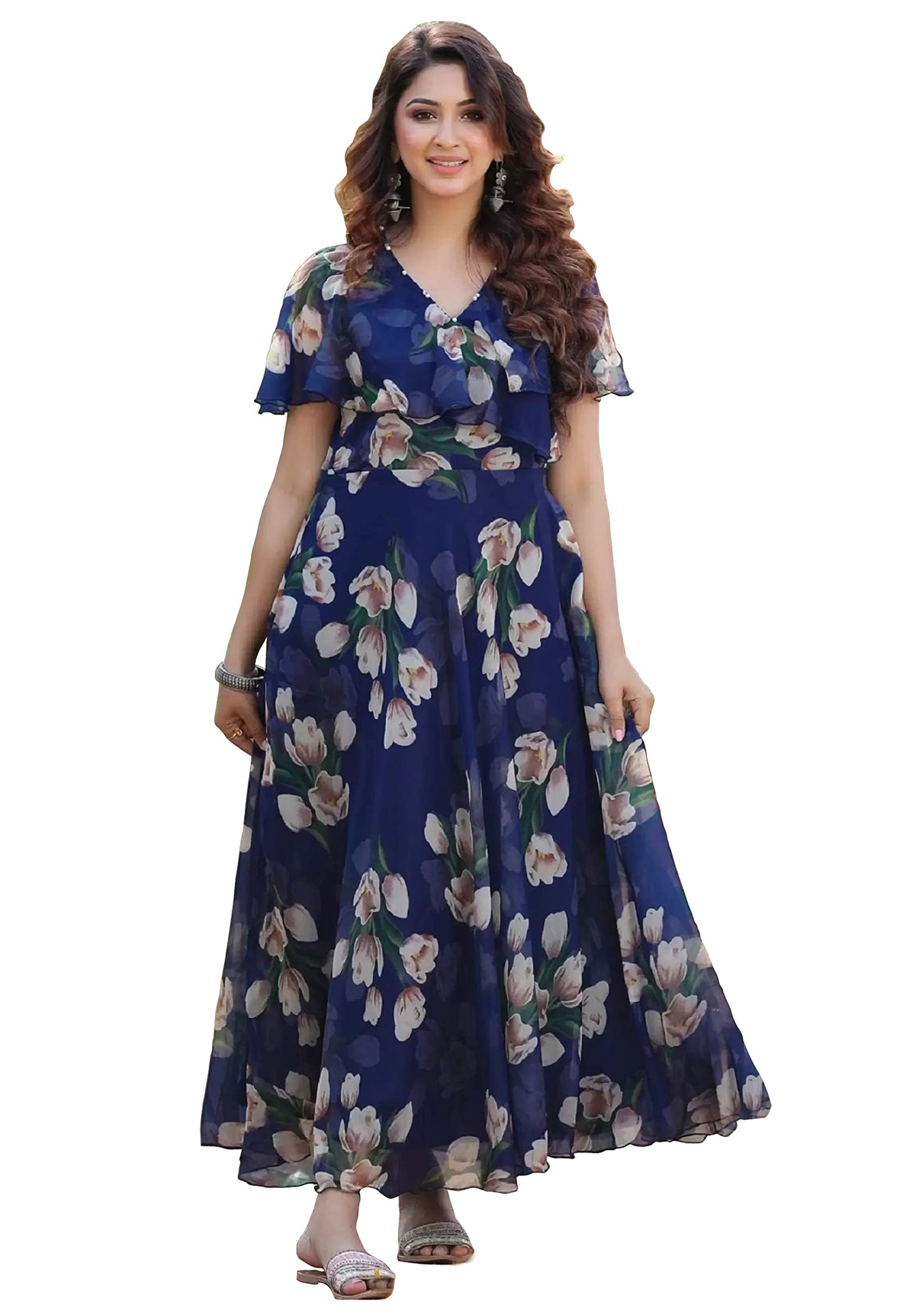 Shasmi Women's Georgette Digital Floral Printed Gown Dress for Women (Gown Dress 35) (X-Large, N Blue)