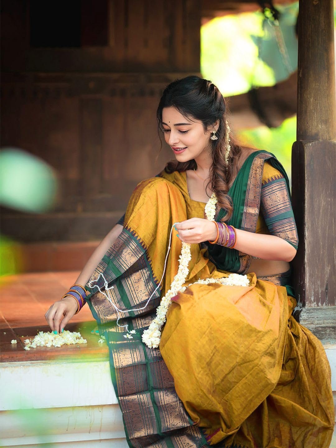 RENVAANI Women's Traditional Kanjivaram Kanchipuram Silk Zari Weaving Unstitched Lehenga Choli with Dupatta (Gold) - Image 6