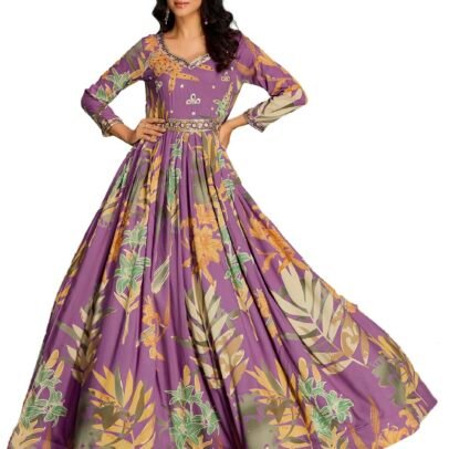 madhuram textiles Women's Rayon Print with Hand Embroidery Work Anarkali Long Gown(M-2543 Pink_Medium)