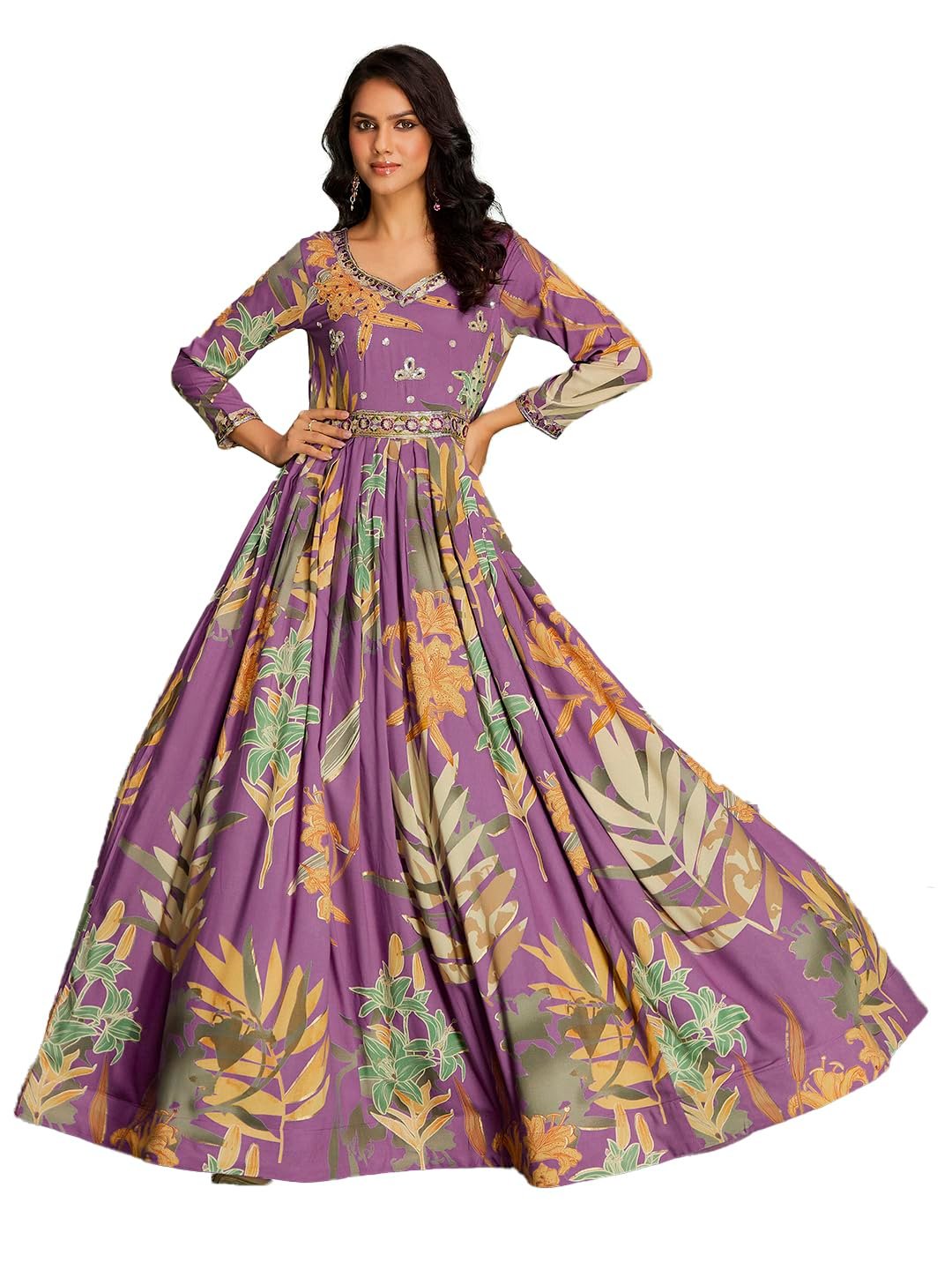 madhuram textiles Women's Rayon Print with Hand Embroidery Work Anarkali Long Gown(M-2543 Pink_Medium)