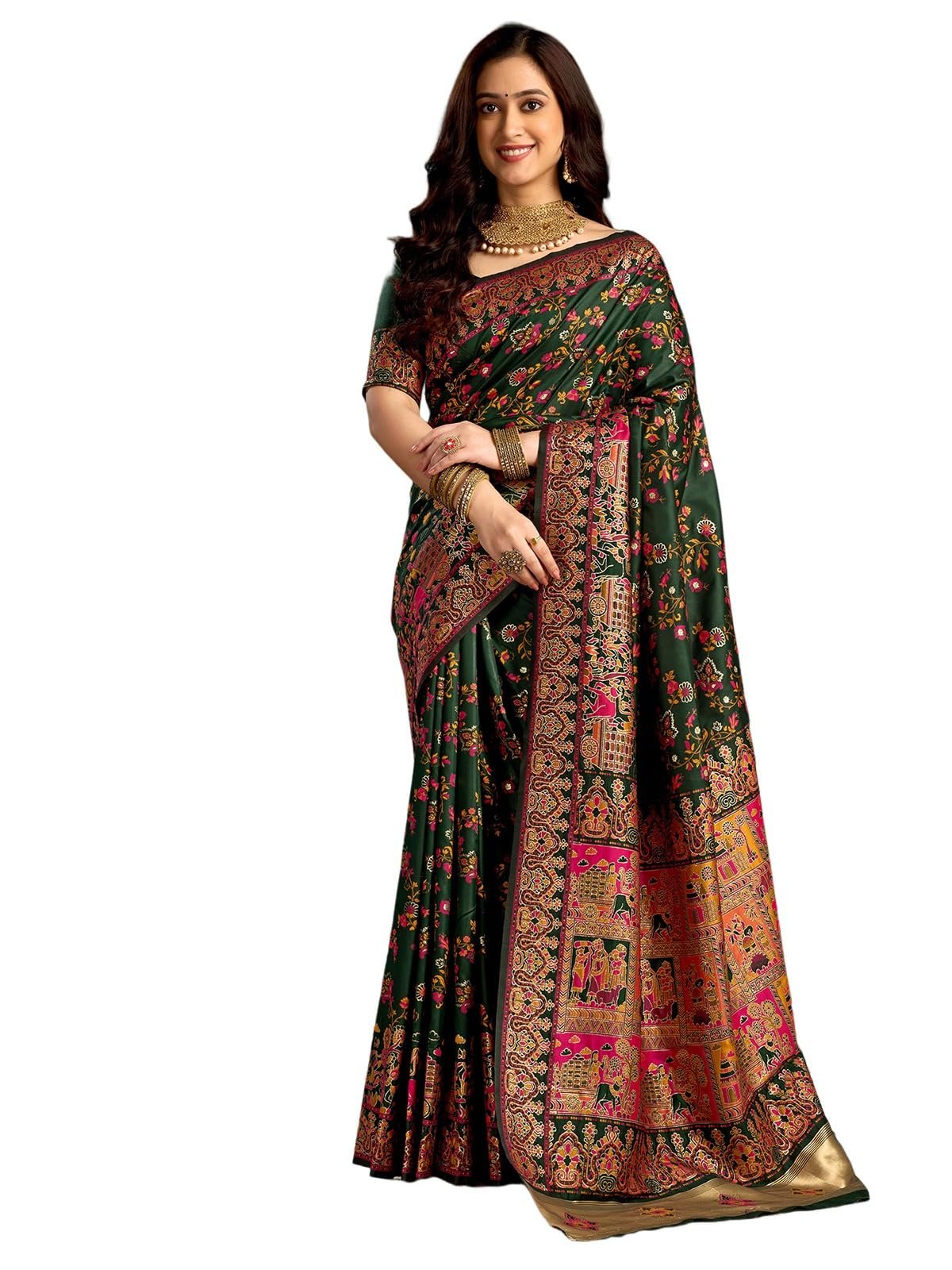 Satrani Women's Silk Kashmiri Minakari Weaving Saree with Unstitched Blouse Piece (4314S604N_Dark Green)