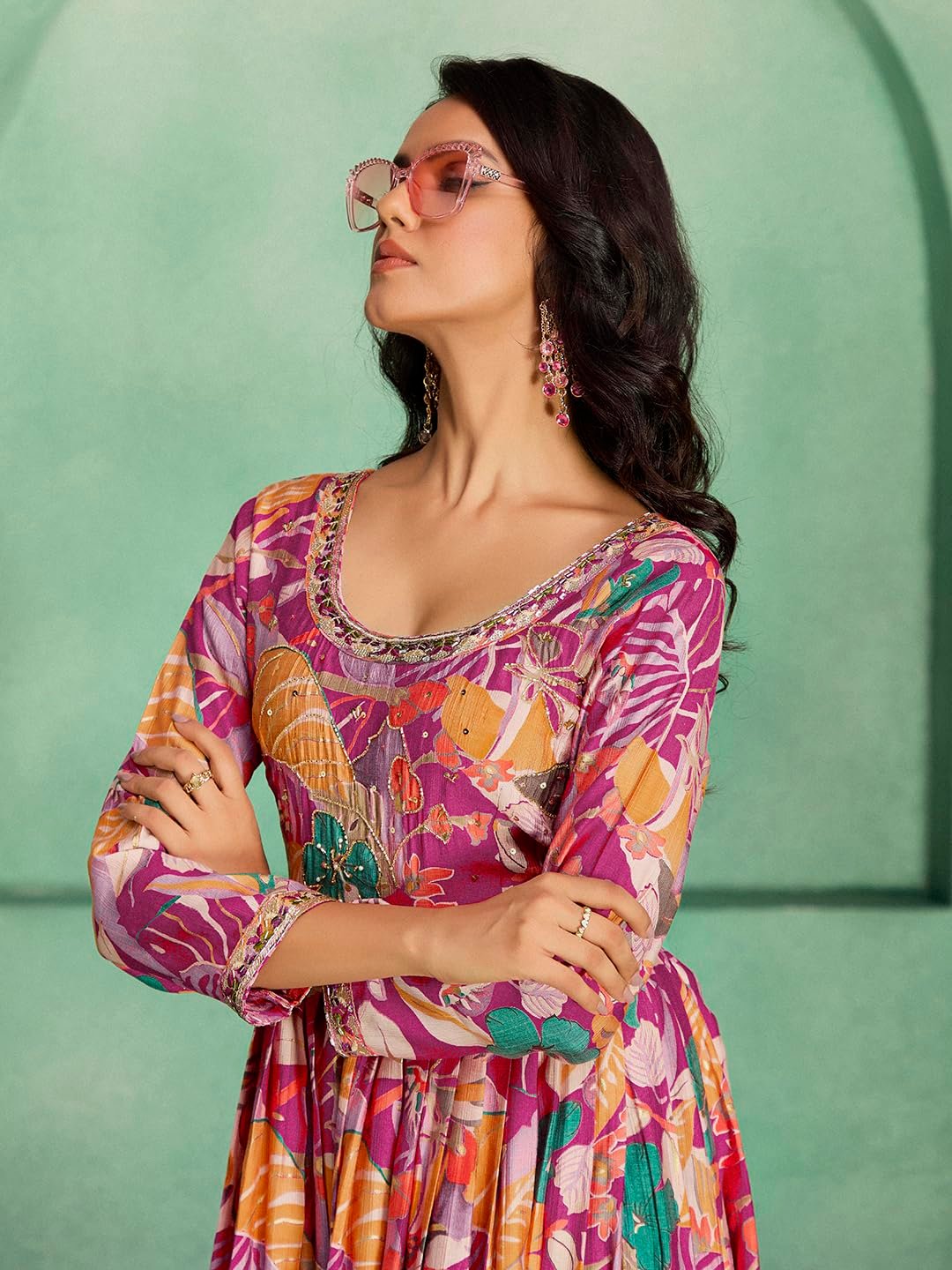 madhuram textiles Women's vetican Print with Hand Embroidery Work Anarkali Long Gown(M-2544 Pink_Small) - Image 3