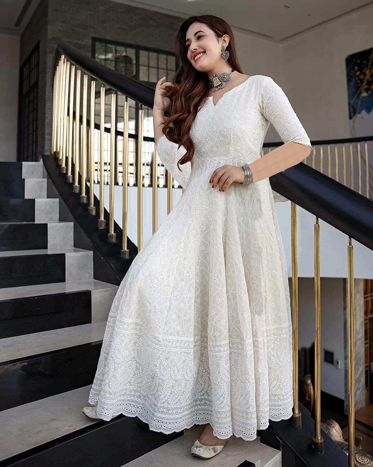 LookMark Women's Chikankari Embroidred Thread Work Long Anarkali Dress |Ankle Length Gown for Women (K1113-S) White - Image 2