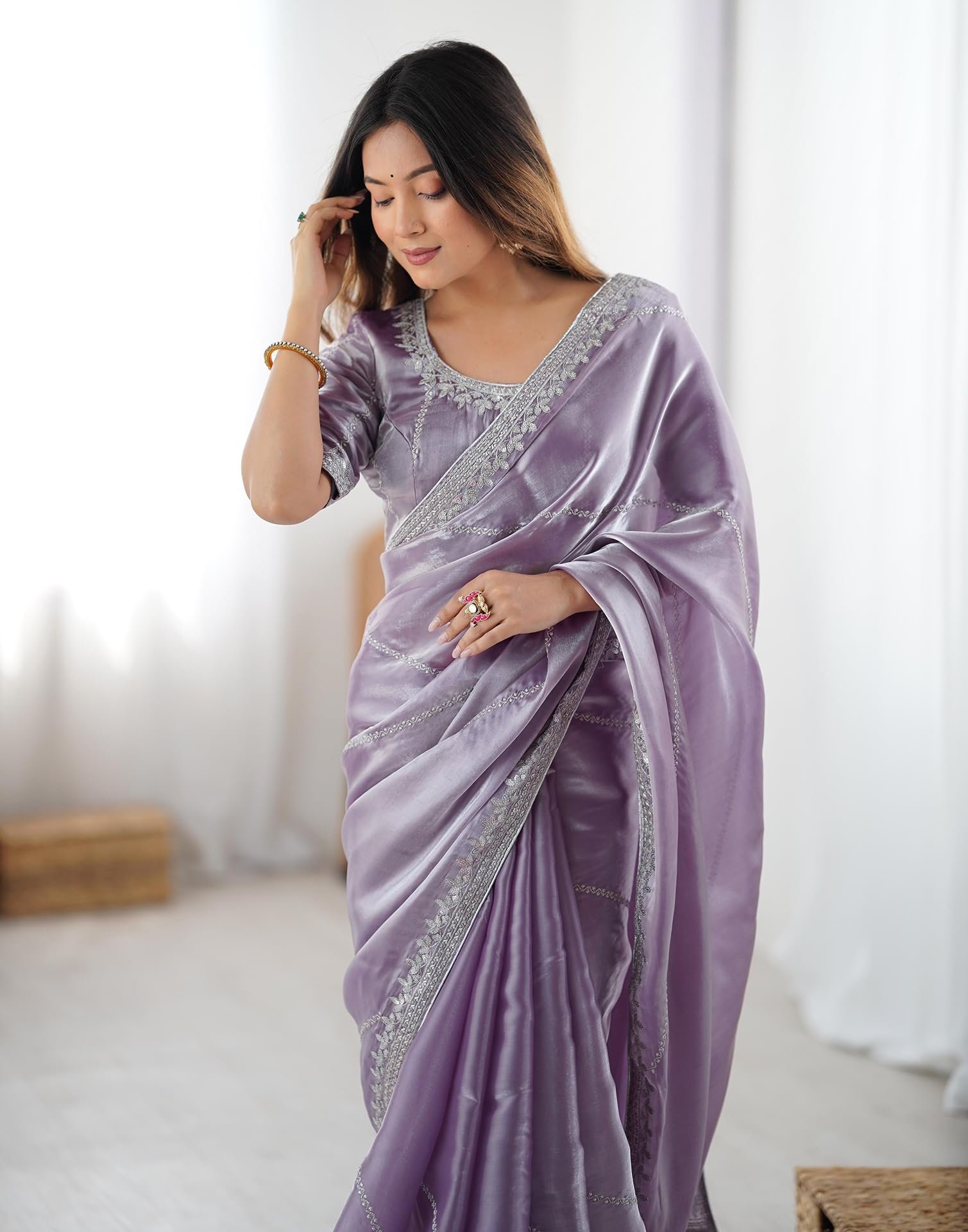 SIRIL Women's Tissue Silk Sequence Embroidery Saree with Unstitched blouse Piece (4472S111_Dusty Light Purple) - Image 3