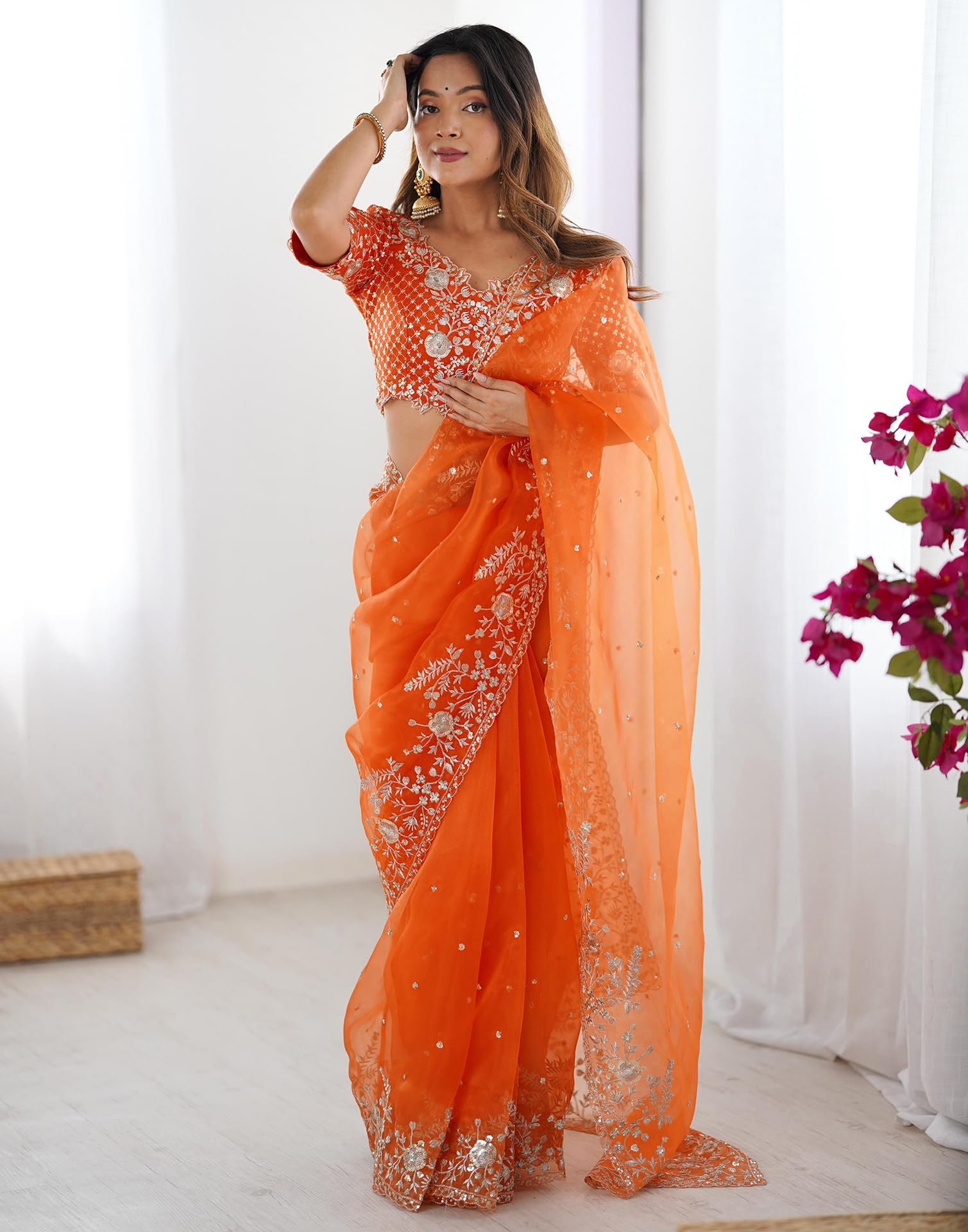 SIRIL Women's Organza Sequence Embroidery Saree with Unstitched blouse Piece (4472S116_Orange) - Image 6