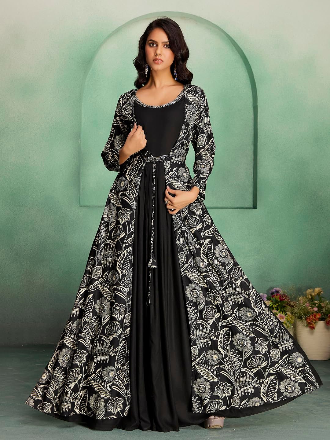 madhuram textiles Women's Rayon Print with Hand Embroidery Work Anarkali Long Gown(M-2546 Black_Small) - Image 3