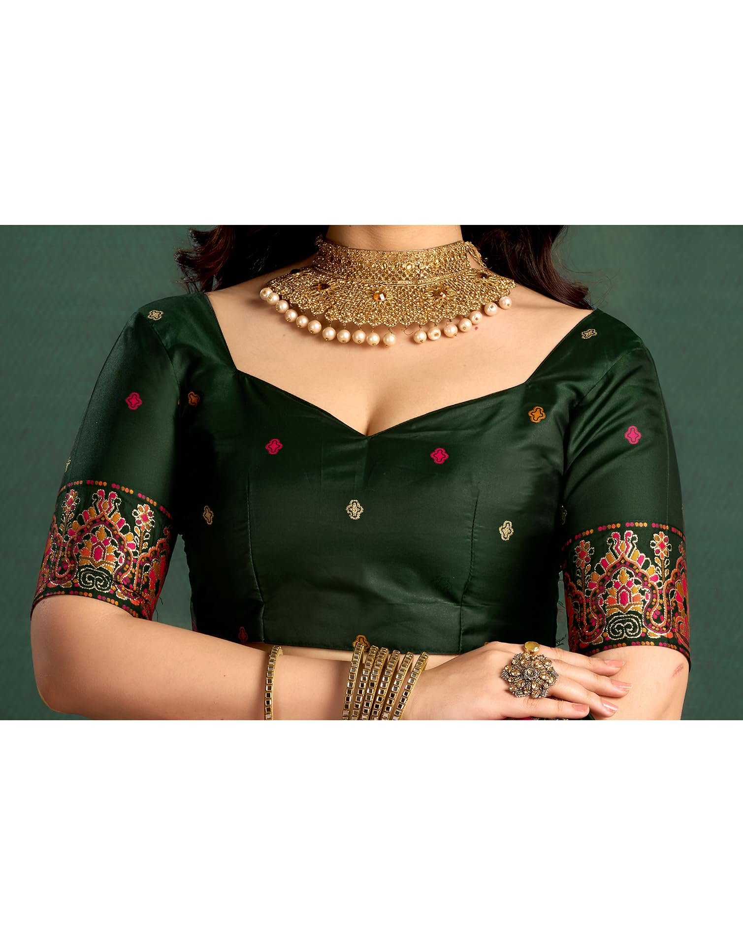 SIRIL Women's Silk Kashmiri Minakari Jacquard Saree with Unstitched blouse Piece (4314S604_Dark Green) - Image 4