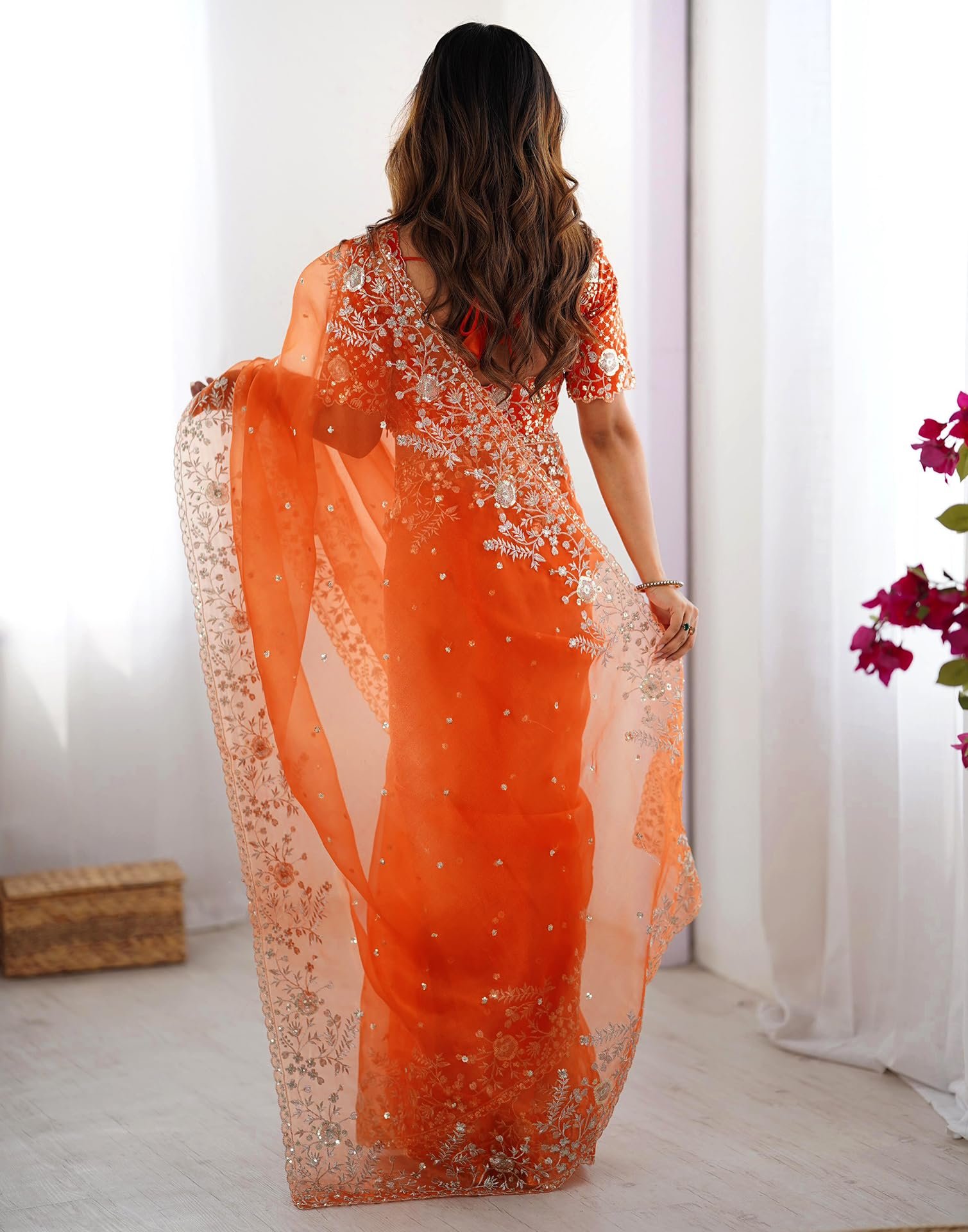 SIRIL Women's Organza Sequence Embroidery Saree with Unstitched blouse Piece (4472S116_Orange) - Image 5