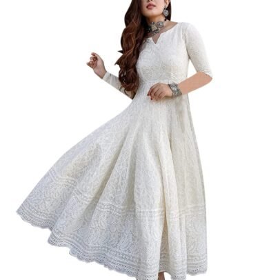 LookMark Women's Chikankari Embroidred Thread Work Long Anarkali Dress |Ankle Length Gown for Women (K1113-S) White