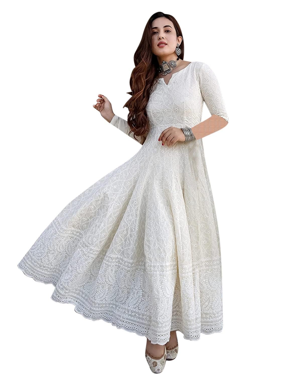 LookMark Women's Chikankari Embroidred Thread Work Long Anarkali Dress |Ankle Length Gown for Women (K1113-S) White