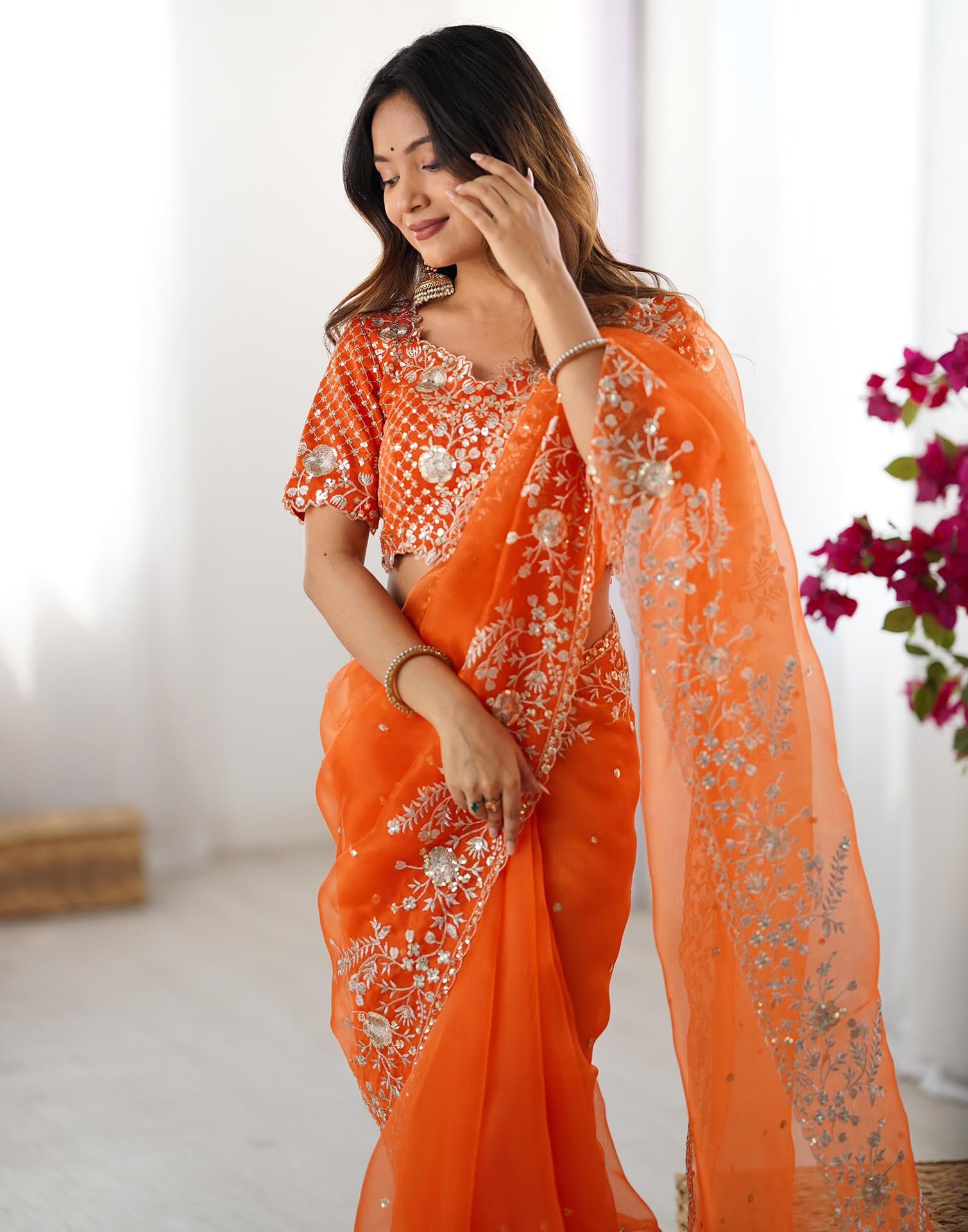SIRIL Women's Organza Sequence Embroidery Saree with Unstitched blouse Piece (4472S116_Orange) - Image 7