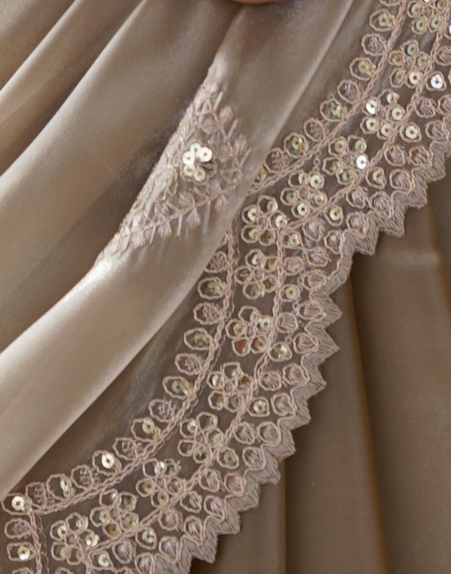 SIRIL Women's Organza Sequence Embroidery Scollped Border Saree With Unstitched Blouse Piece (4218S6634_Beige) - Image 2