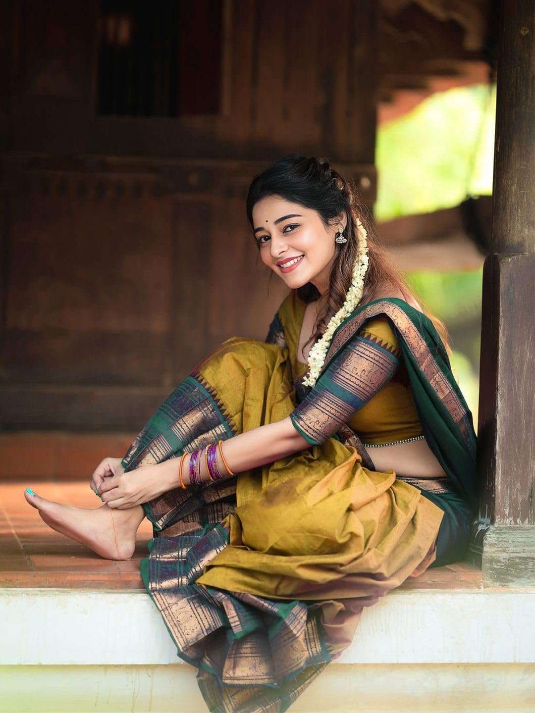 RENVAANI Women's Traditional Kanjivaram Kanchipuram Silk Zari Weaving Unstitched Lehenga Choli with Dupatta (Gold) - Image 2