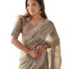 SIRIL Women's Organza Sequence Embroidery Scollped Border Saree With Unstitched Blouse Piece (4218S6634_Beige)