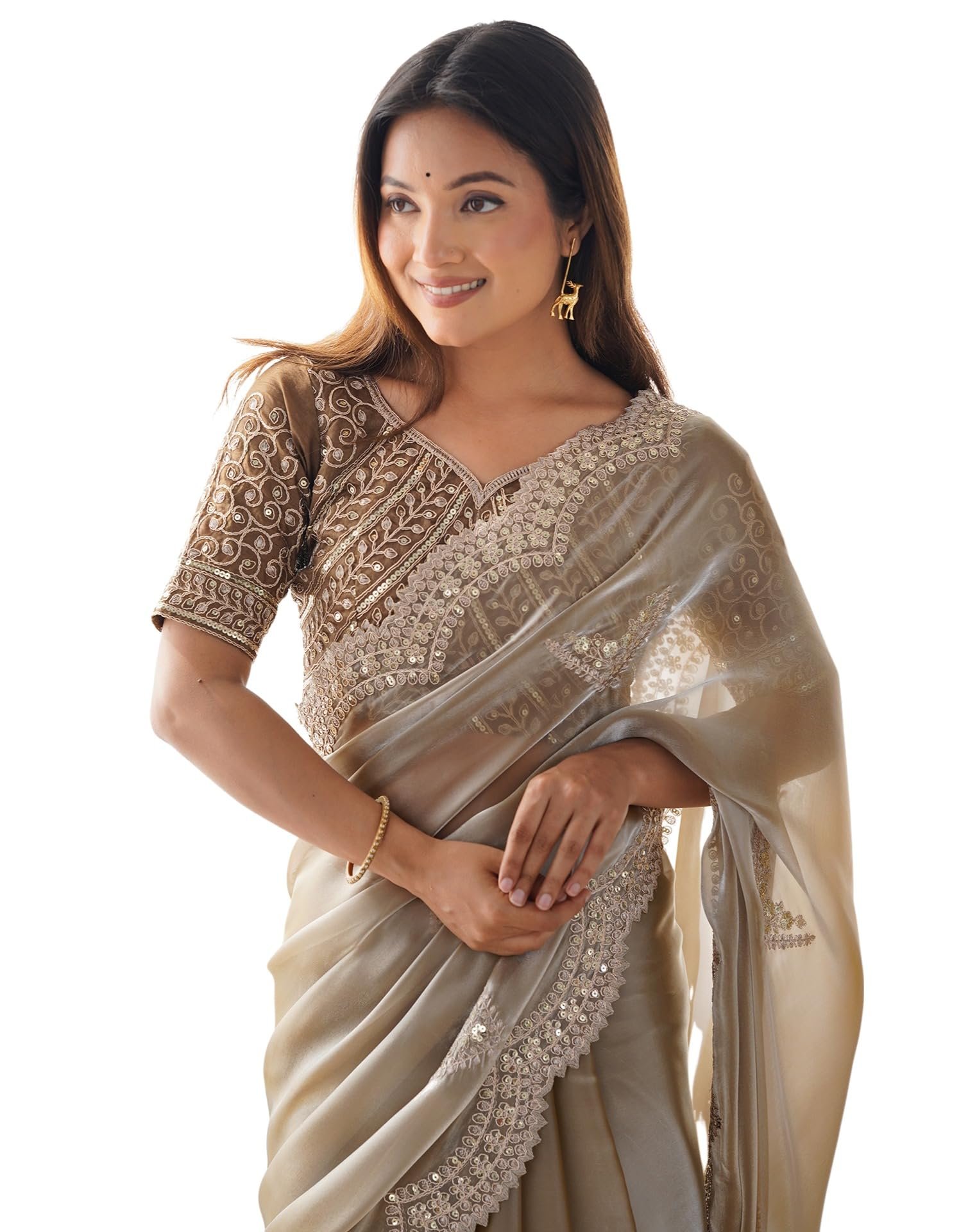 SIRIL Women's Organza Sequence Embroidery Scollped Border Saree With Unstitched Blouse Piece (4218S6634_Beige)