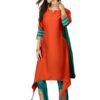 EthnicJunction Women's Cotton Silk Embroidered Asymmetric Kurta Pant with Choker Dupatta Set Orange