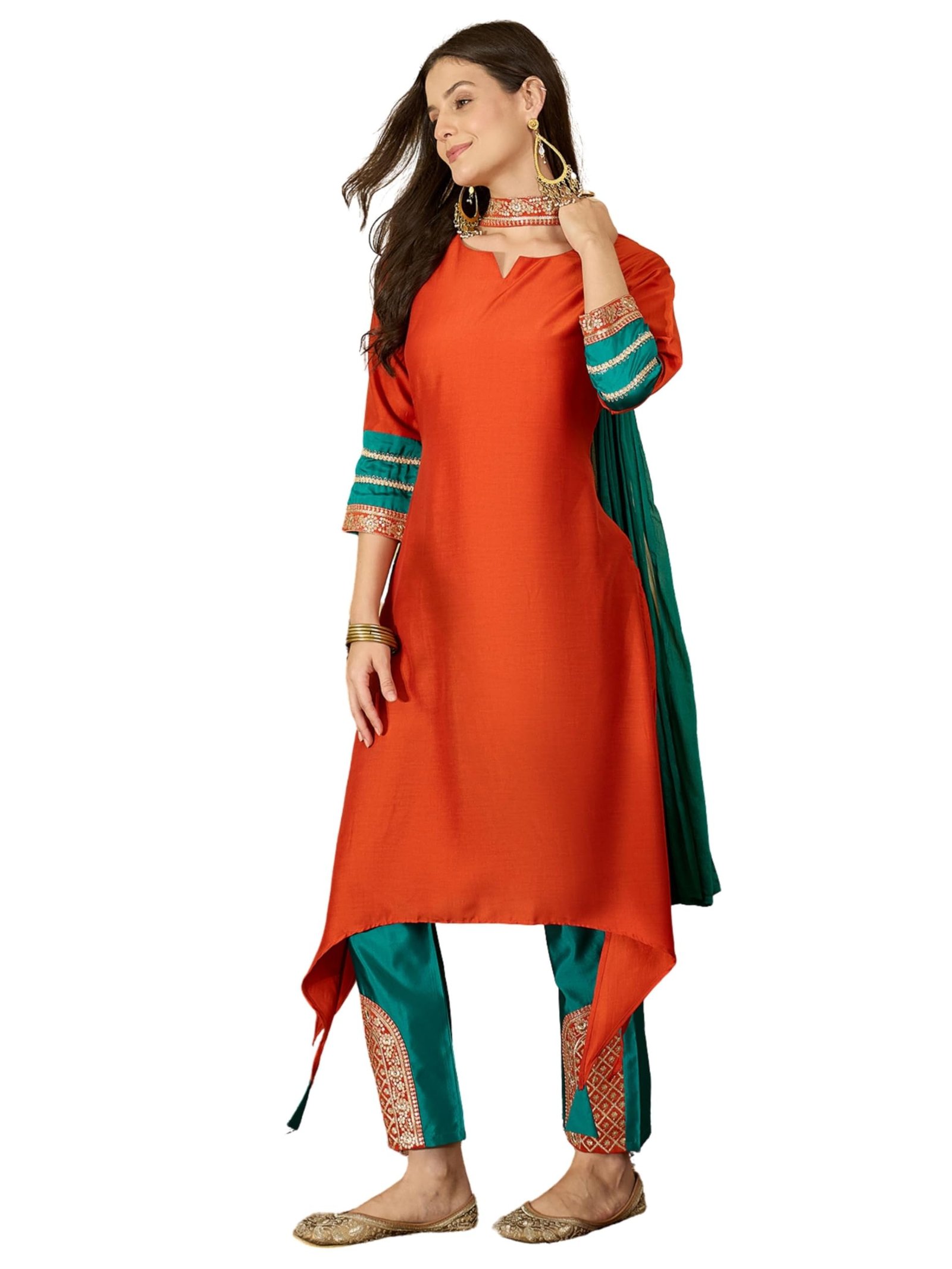 EthnicJunction Women's Cotton Silk Embroidered Asymmetric Kurta Pant with Choker Dupatta Set Orange
