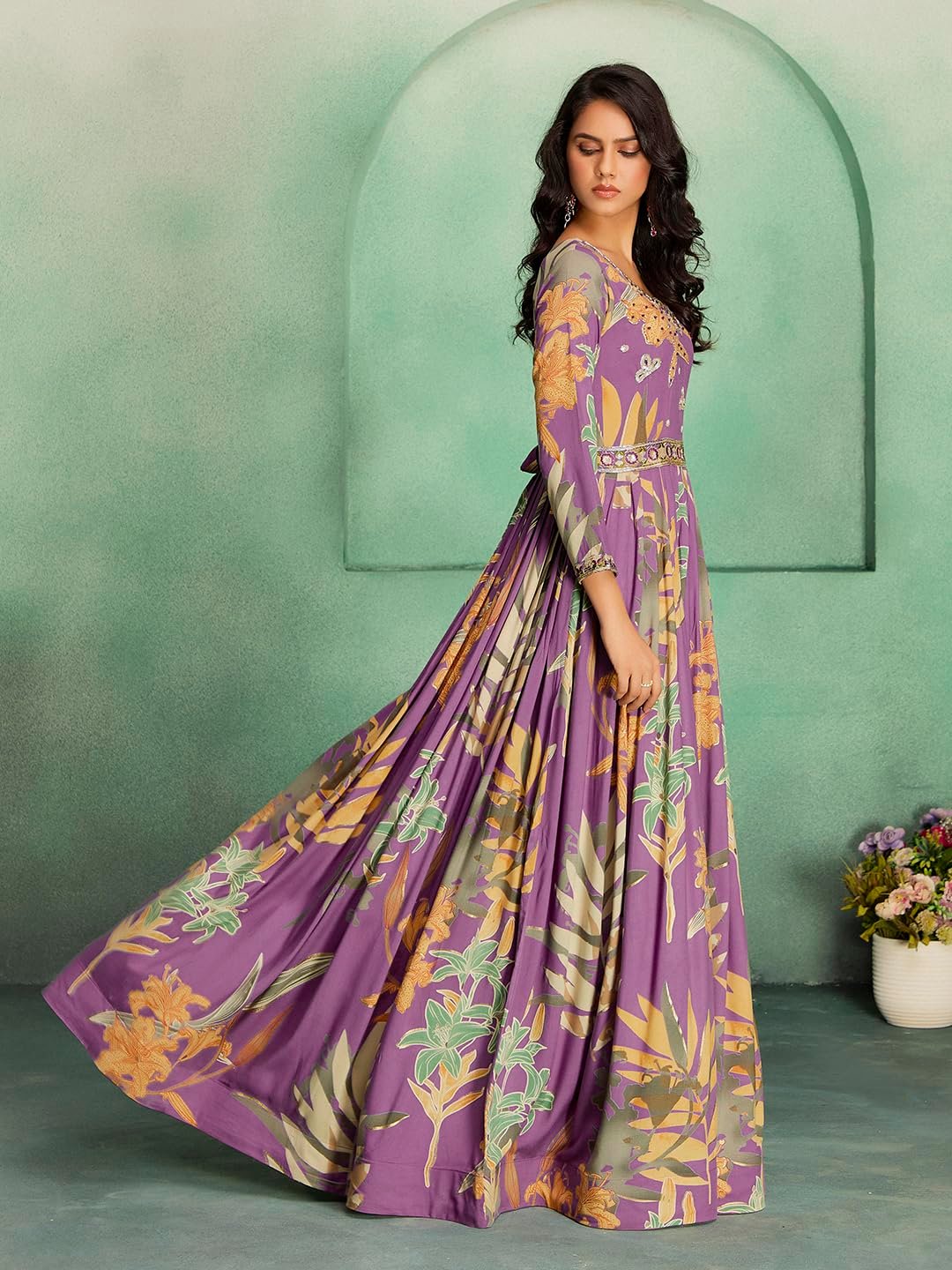 madhuram textiles Women's Rayon Print with Hand Embroidery Work Anarkali Long Gown(M-2543 Pink_Medium) - Image 6