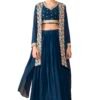 madhuram textiles Womens' Skirt and Choli with Long Jacket Set Star Georgette with Embroidery Bids Work Skirt Set(M-2523 Mor Pichh_Large) Dark Blue