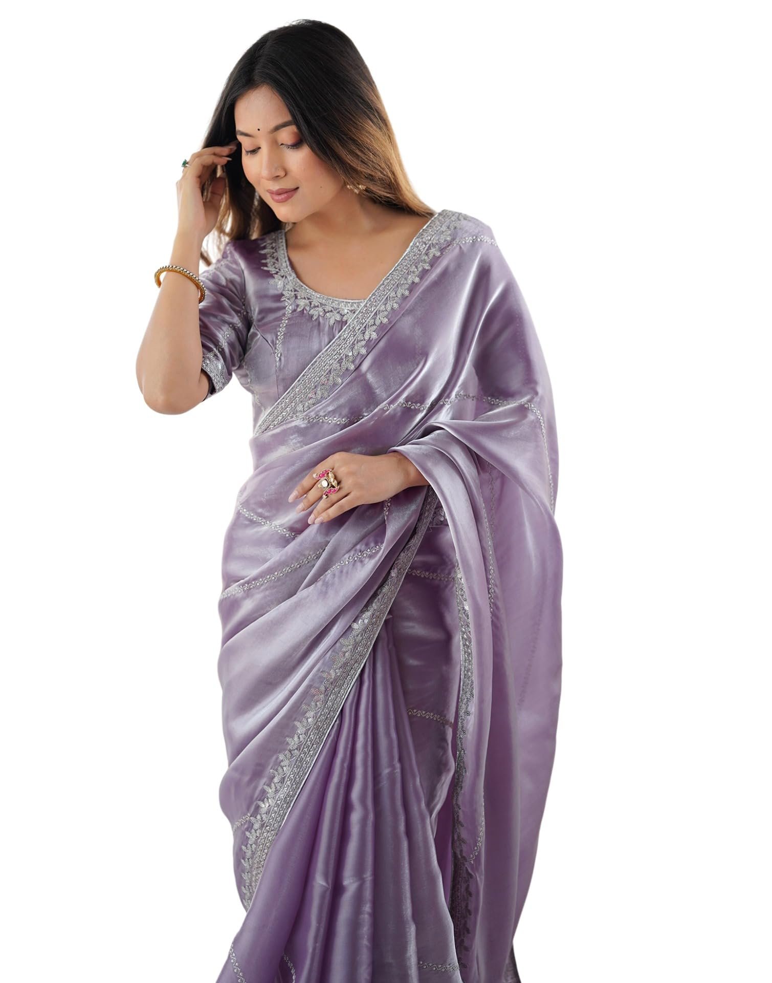 SIRIL Women's Tissue Silk Sequence Embroidery Saree with Unstitched blouse Piece (4472S111_Dusty Light Purple)