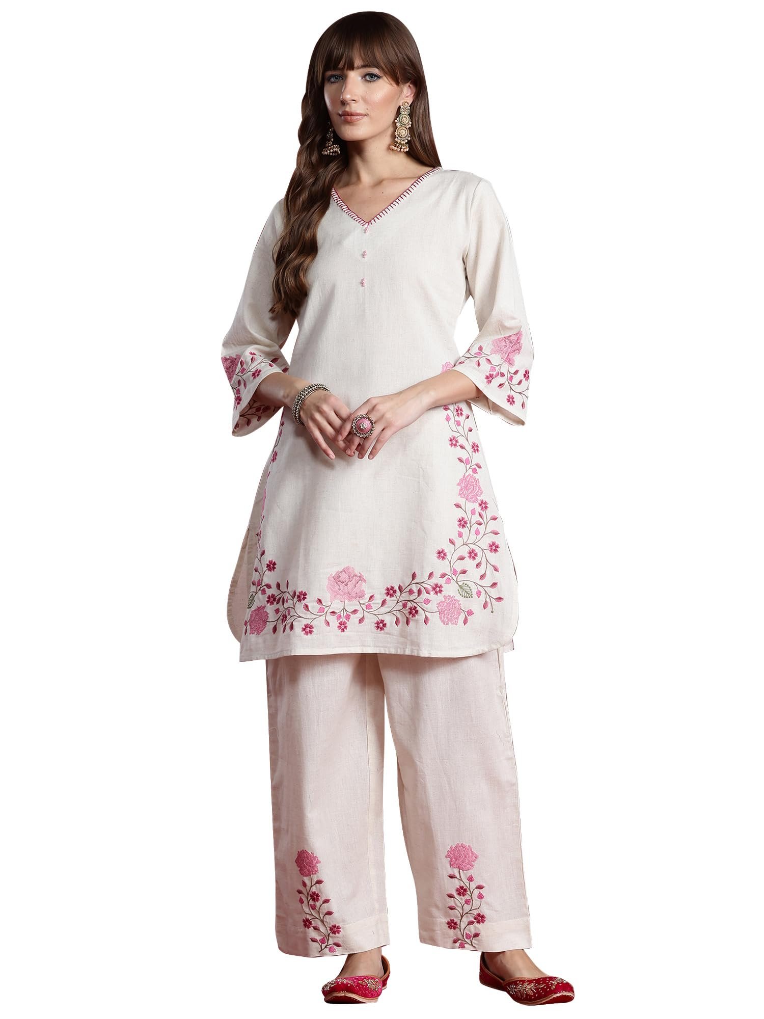 INDO ERA Women's Off White Pure Cotton Embroidered Straight Kurta & Palazzo Set (KS0OW9929_Medium)