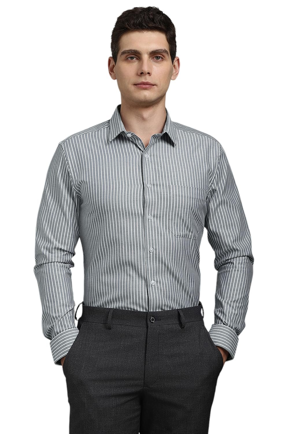 Louis Philippe Men Cotton Striped Slim Fit Shirt (LPSFMSLPR30093_Grey, 42