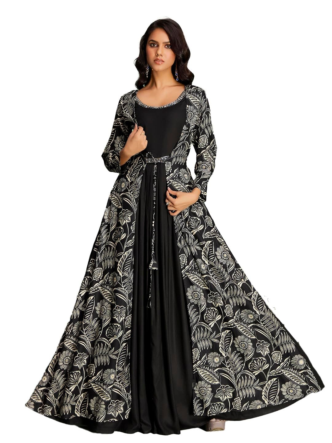 madhuram textiles Women's Rayon Print with Hand Embroidery Work Anarkali Long Gown(M-2546 Black_Small)