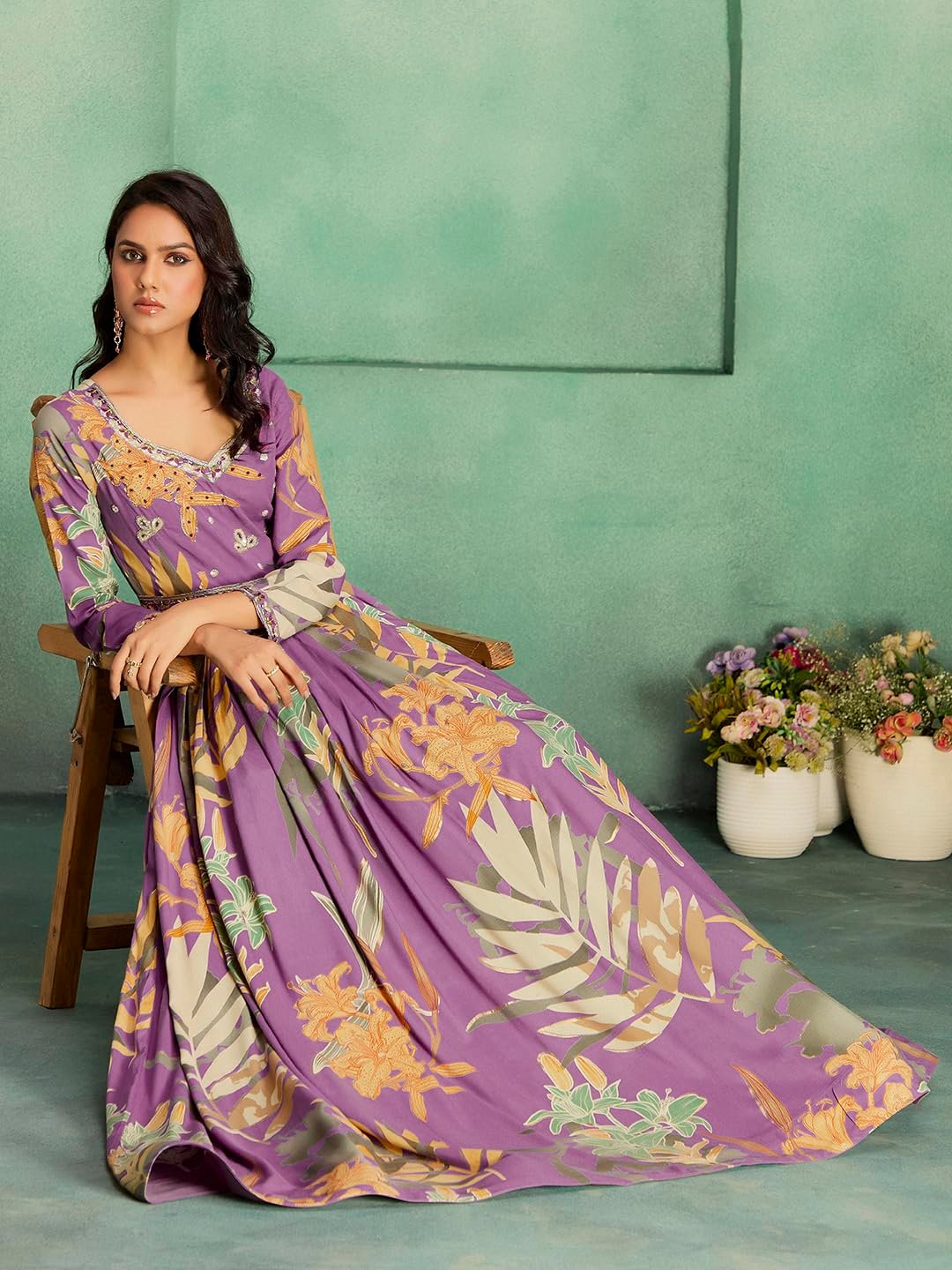 madhuram textiles Women's Rayon Print with Hand Embroidery Work Anarkali Long Gown(M-2543 Pink_Medium) - Image 3