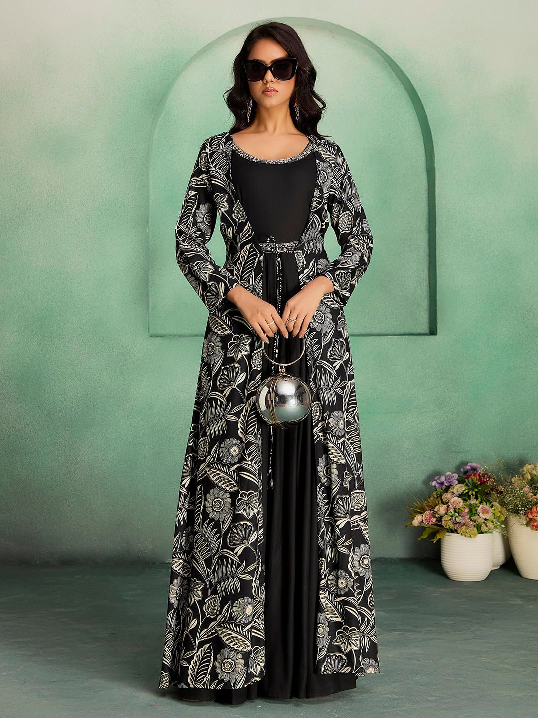 madhuram textiles Women's Rayon Print with Hand Embroidery Work Anarkali Long Gown(M-2546 Black_Small) - Image 2