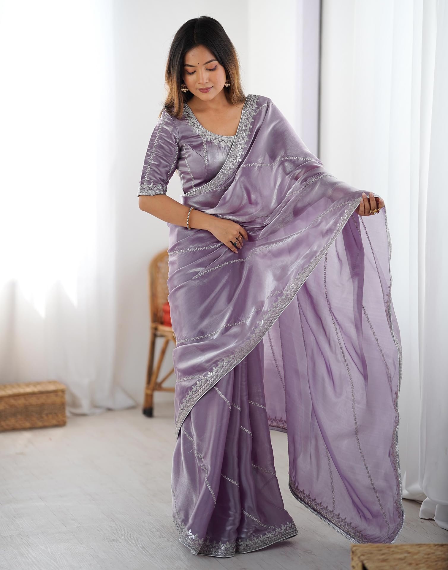 SIRIL Women's Tissue Silk Sequence Embroidery Saree with Unstitched blouse Piece (4472S111_Dusty Light Purple) - Image 6