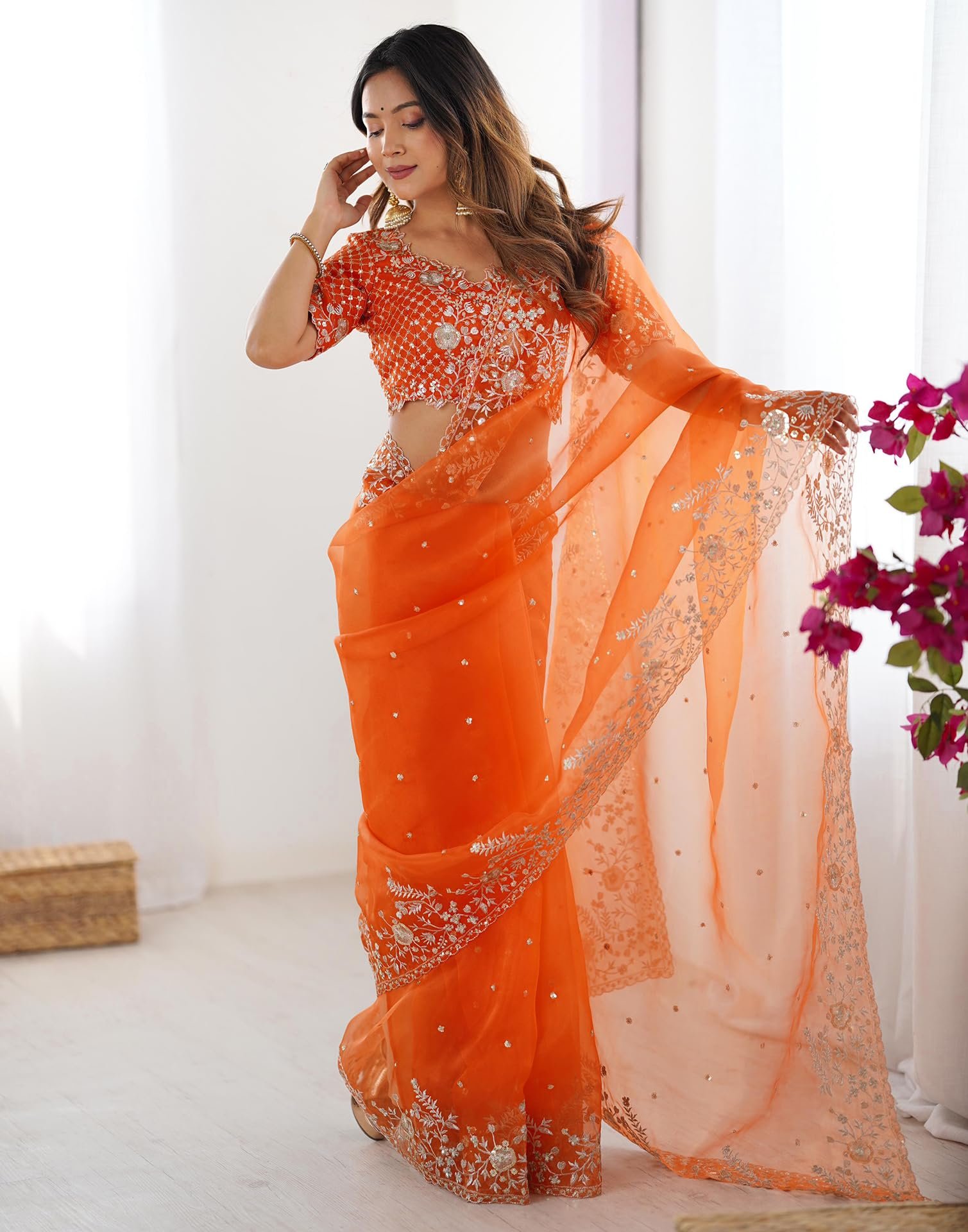 SIRIL Women's Organza Sequence Embroidery Saree with Unstitched blouse Piece (4472S116_Orange) - Image 4