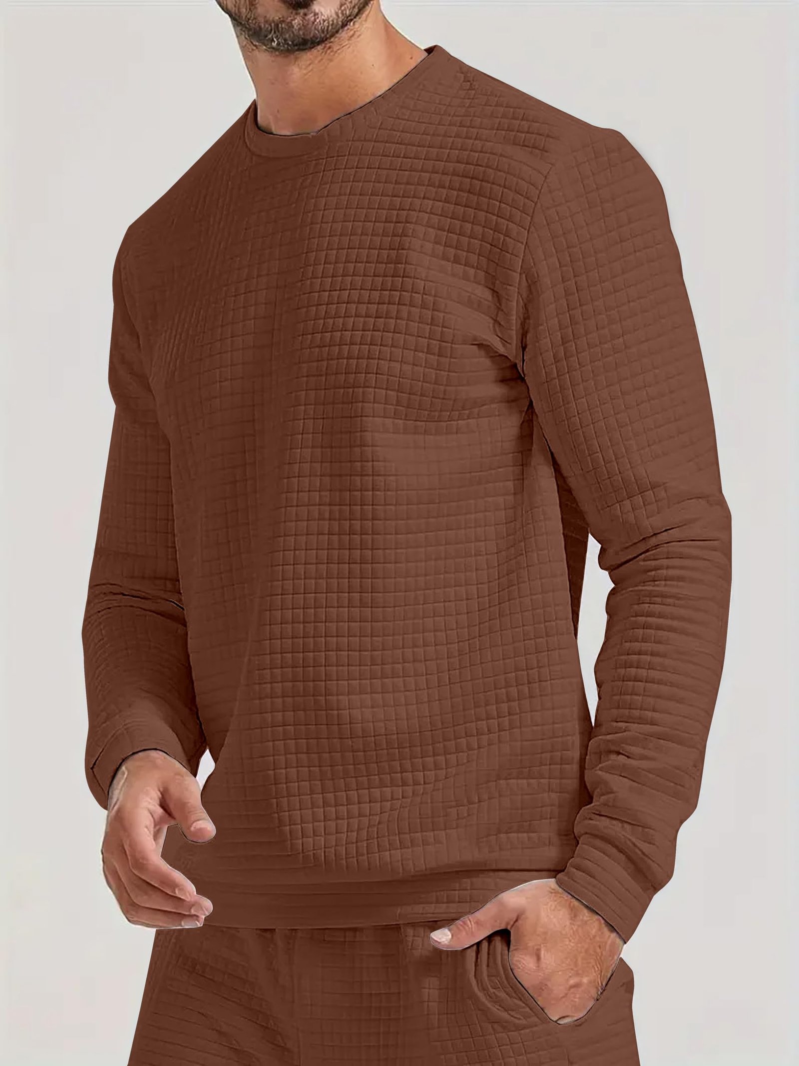 KAJARU Quilted Pattern Long Sleeve Sweatshirt, Round Neck, Men's Casual Pullover, Grey, Black, Beige (in, Alpha, L, Coffee) - Image 3