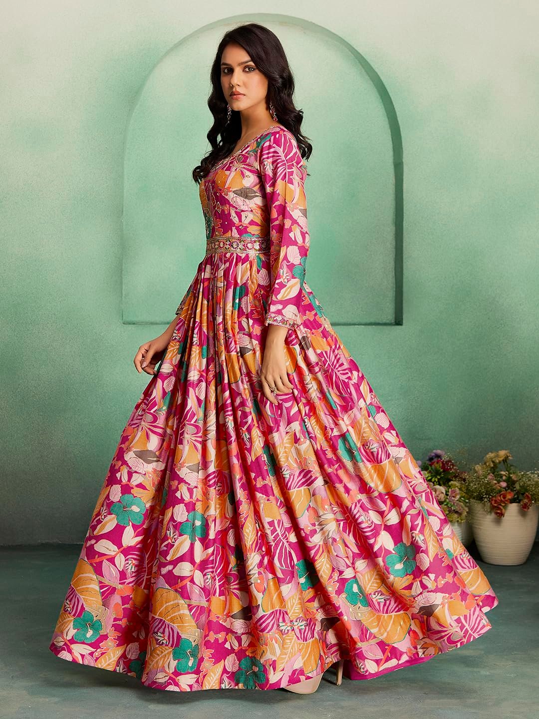 madhuram textiles Women's vetican Print with Hand Embroidery Work Anarkali Long Gown(M-2544 Pink_Small) - Image 7
