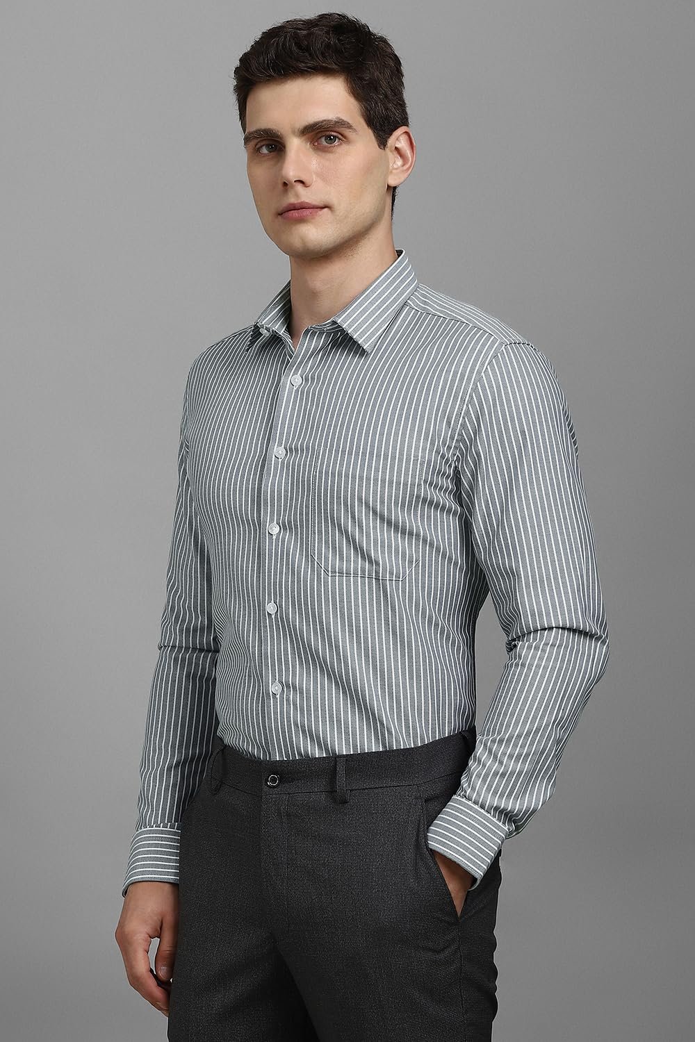 Louis Philippe Men Cotton Striped Slim Fit Shirt (LPSFMSLPR30093_Grey, 42 - Image 5