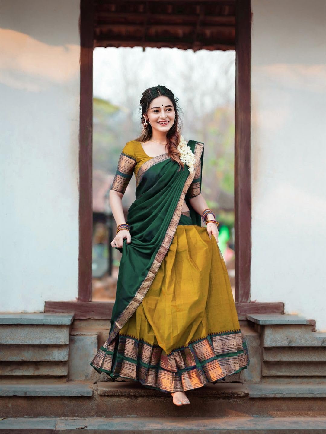 RENVAANI Women's Traditional Kanjivaram Kanchipuram Silk Zari Weaving Unstitched Lehenga Choli with Dupatta (Gold) - Image 3