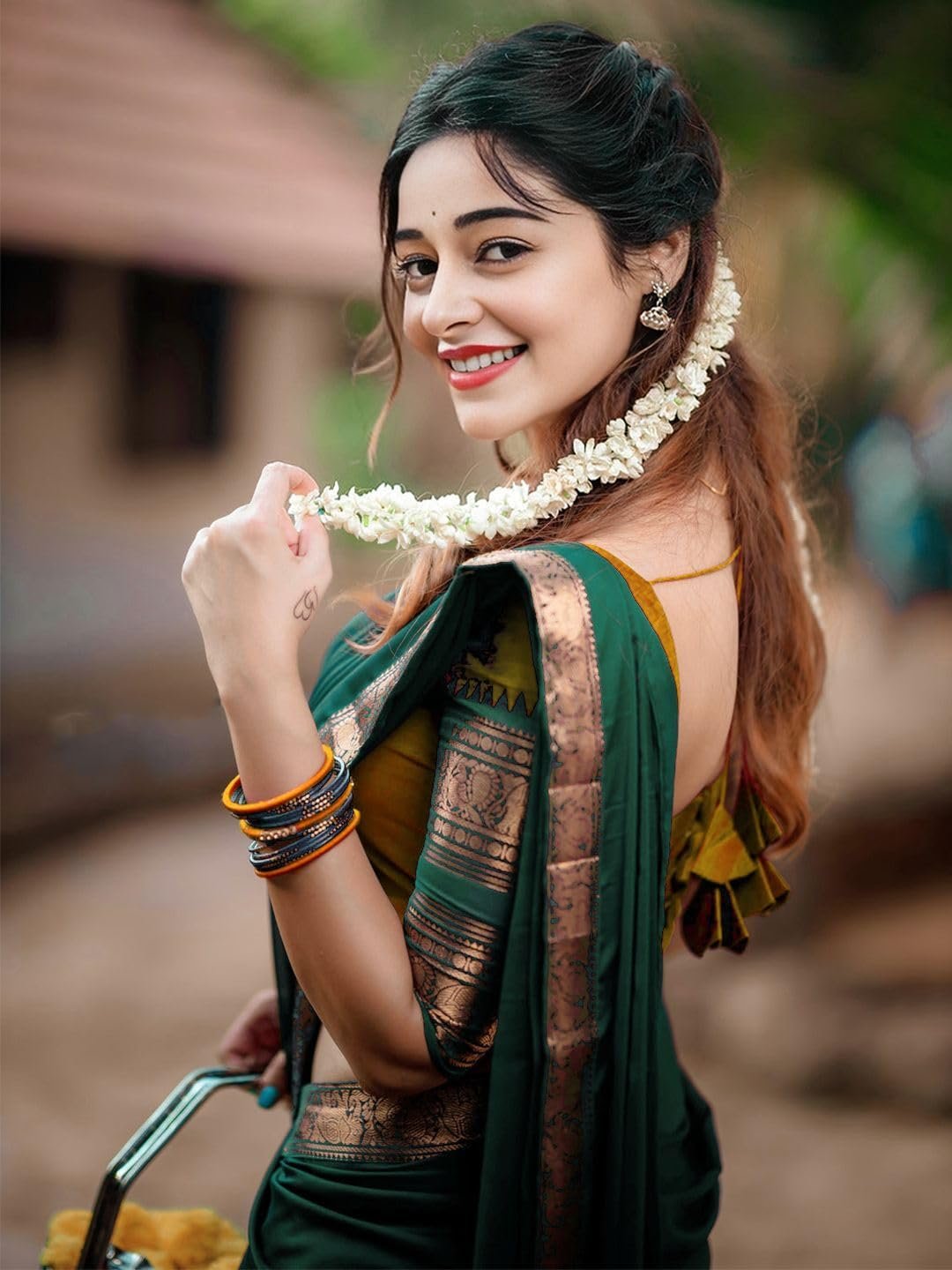 RENVAANI Women's Traditional Kanjivaram Kanchipuram Silk Zari Weaving Unstitched Lehenga Choli with Dupatta (Gold) - Image 5