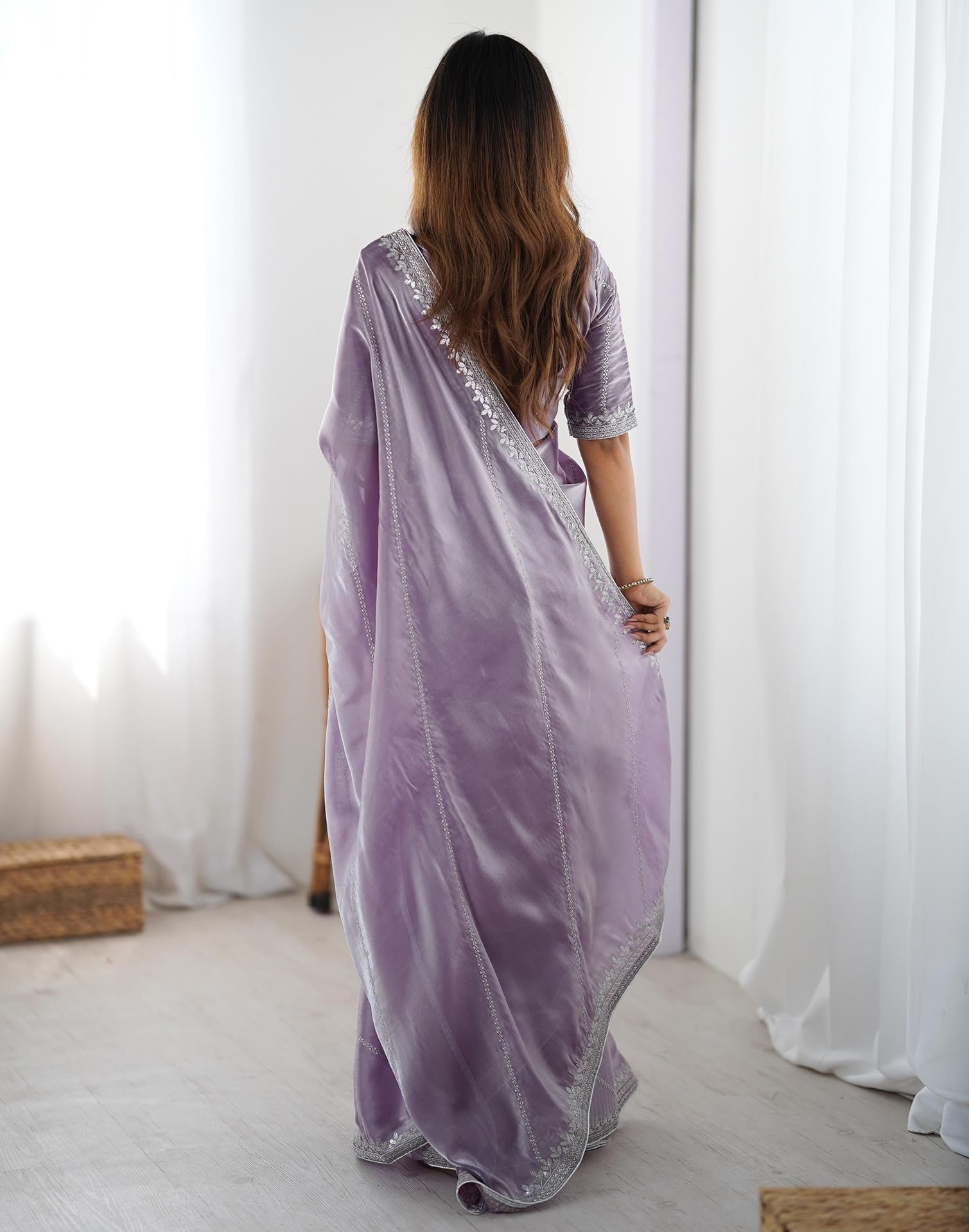 SIRIL Women's Tissue Silk Sequence Embroidery Saree with Unstitched blouse Piece (4472S111_Dusty Light Purple) - Image 5