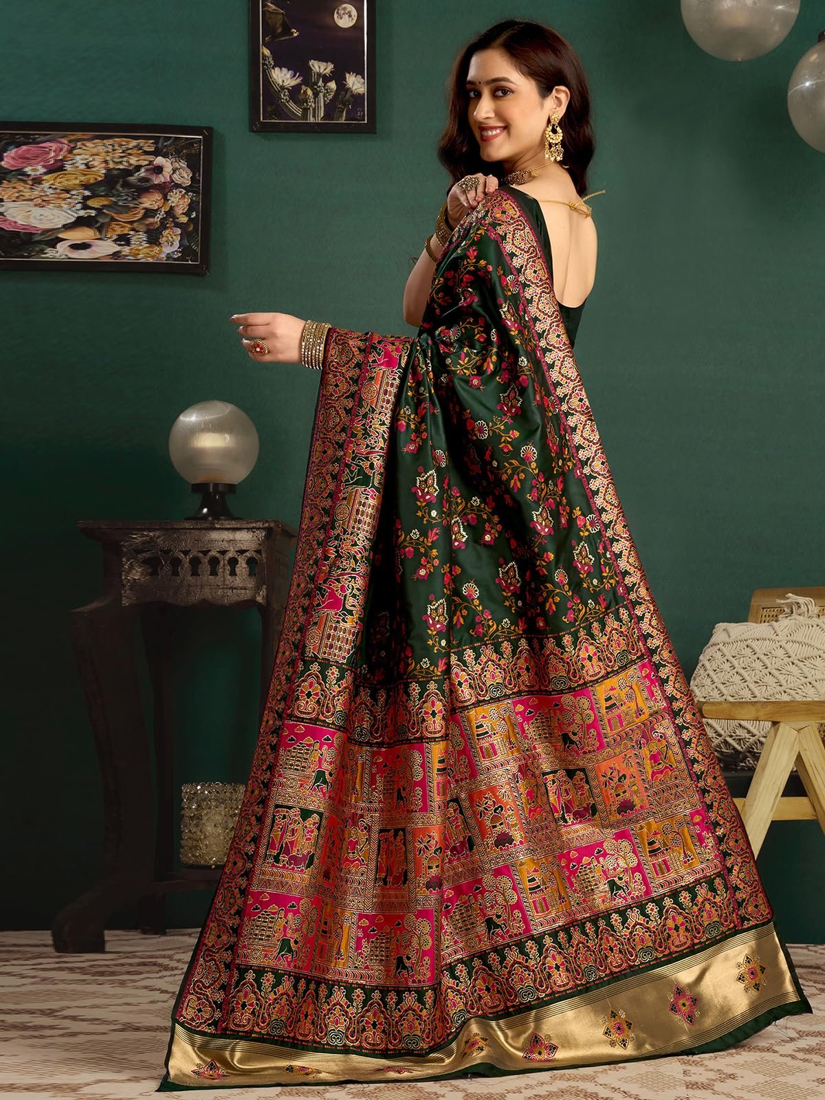 Satrani Women's Silk Kashmiri Minakari Weaving Saree with Unstitched Blouse Piece (4314S604N_Dark Green) - Image 5