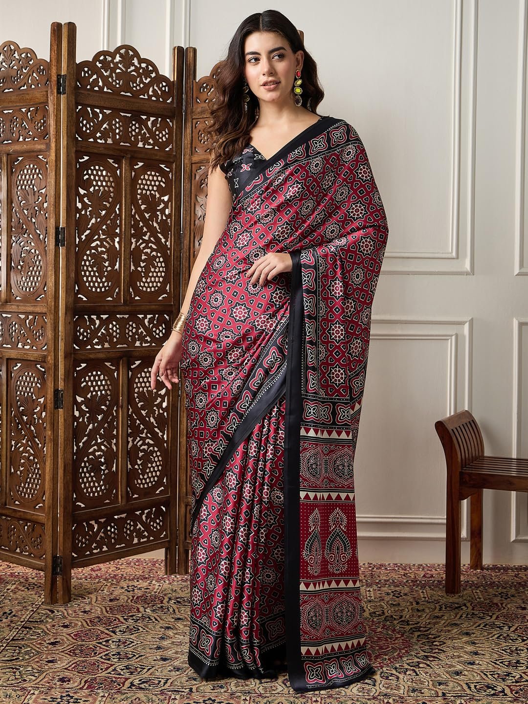 AKHILAM Women's Pink Crepe Ajrak Printed Saree With Unstitched Blouse (KAJRKH386002_RJ11) - Image 7