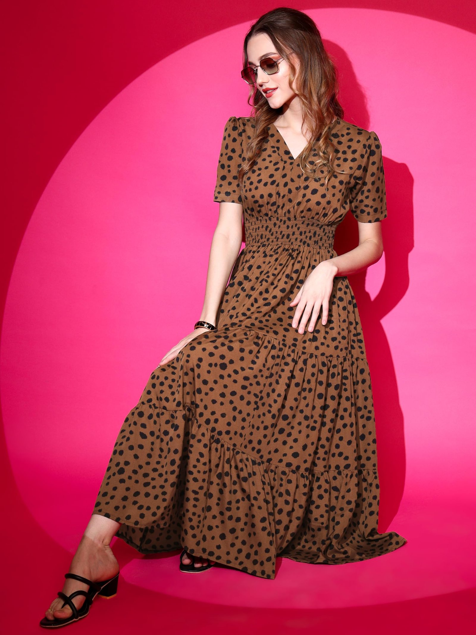 Sheetal Associates Women's Crepe Fit and Flare Printed Half Sleeve V-Neck Casual Dress Maroon - Image 3