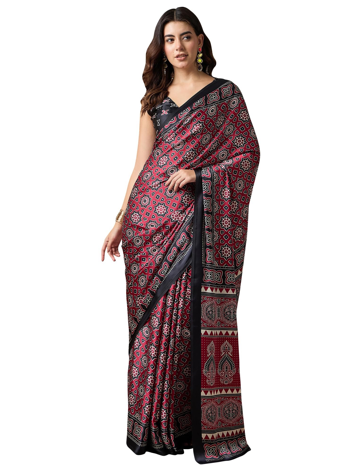 AKHILAM Women's Pink Crepe Ajrak Printed Saree With Unstitched Blouse (KAJRKH386002_RJ11)