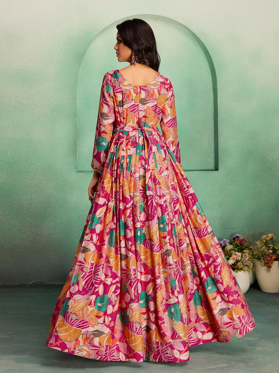 madhuram textiles Women's vetican Print with Hand Embroidery Work Anarkali Long Gown(M-2544 Pink_Small) - Image 8