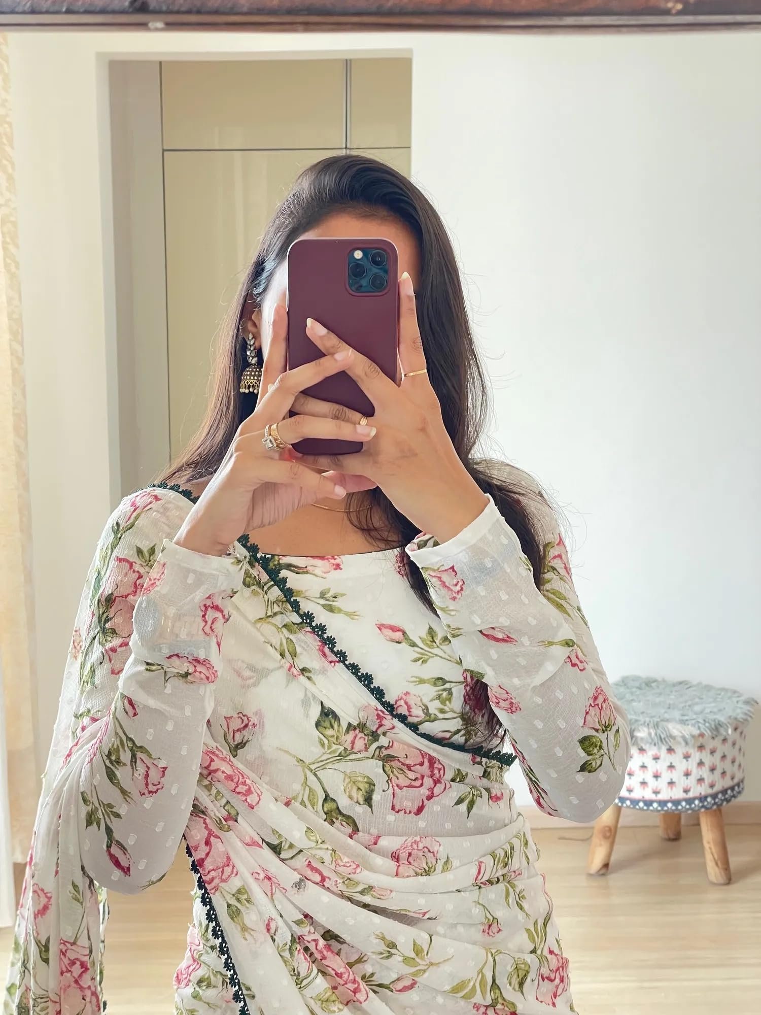 Sidhidata Women's Georgette Printed Ready To Wear one Minute Saree With Unstitched Blouse Piece (1000 Butty White_White_Free Size) - Image 5