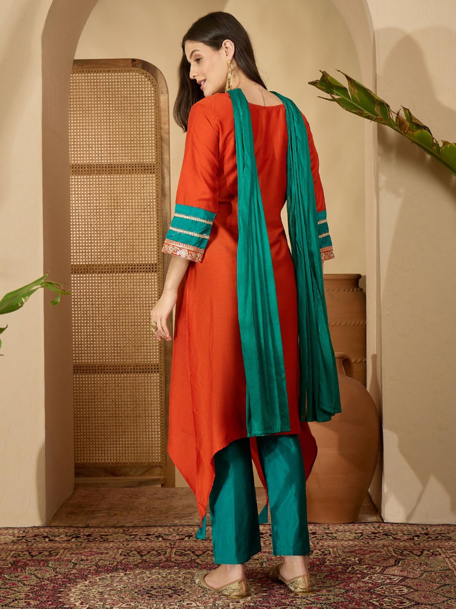 EthnicJunction Women's Cotton Silk Embroidered Asymmetric Kurta Pant with Choker Dupatta Set Orange - Image 3