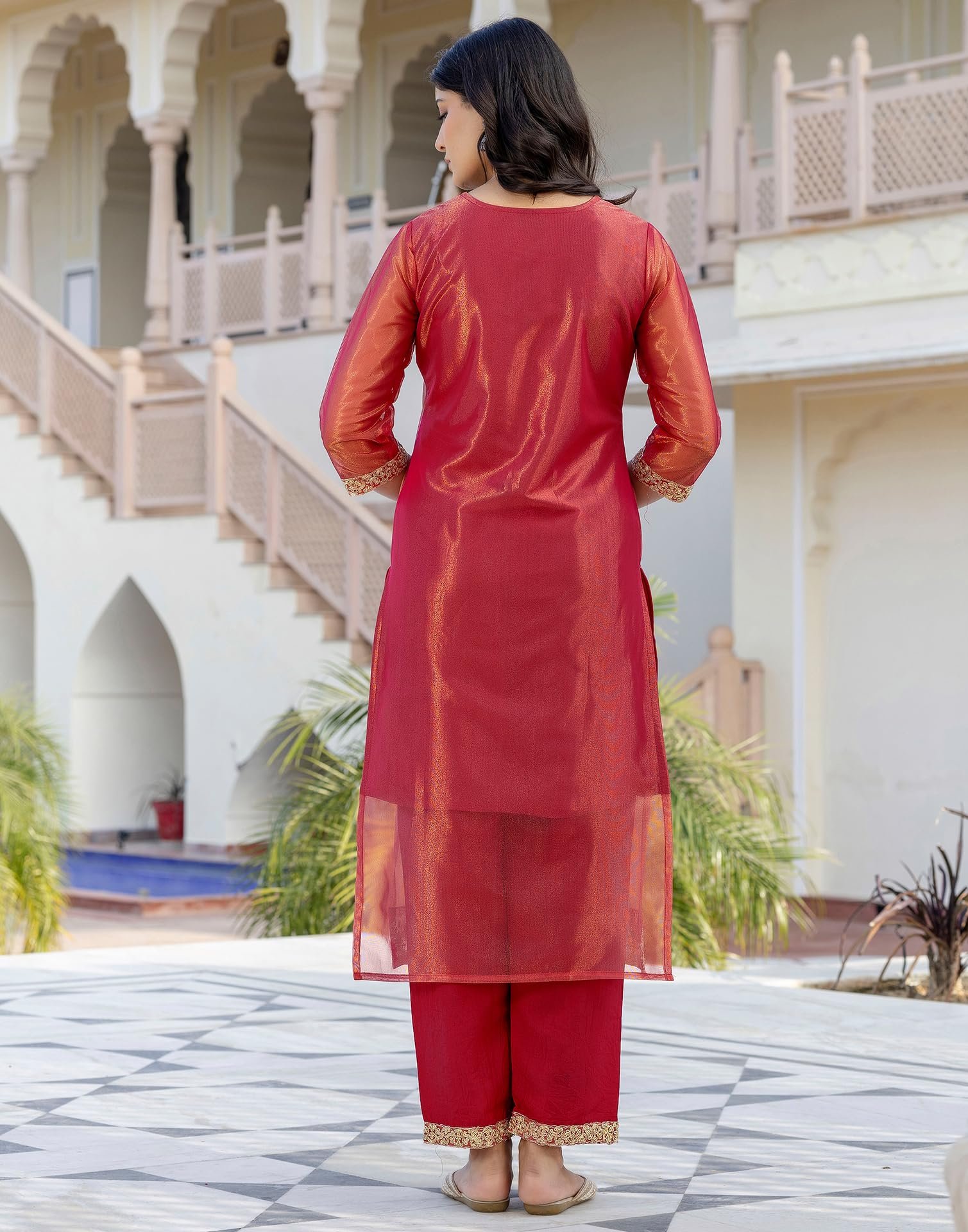 SKYLEE Women's Net Sequins, Embroidery and Gota Lace Straight Kurta with Pant & Dupatta (227KBD2403C-L_Rani Pink) - Image 6